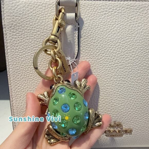NWT Coach FROG Green Crystals Keychain Bag Purse Key Charm Fob Brass Toad